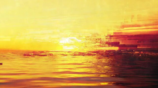 Digital sunset glitch ocean water data stream