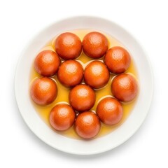 Gulab jamun isolated on white background, a popular sweet in countries of the indian subcontinent, made from milk solids, sugar and rose syrup