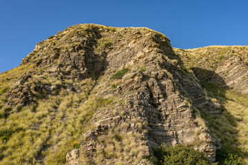 ( Tt ) Topanga Canyon Formation ( bedded sillstone, shale and sandstone). Mugu Canyon Rest Area, California State Route 1,  Pacific Coast Highway. Santa Monica Mountains, Ventura County.
