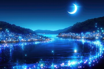 A starry night sky, a blue river flowing through hills, city streetlights adding to the dreamy and beautiful atmosphere, perfect for animation and creative design