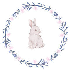 Hand-drawn watercolor floral frame with pink flowers and cute bunny