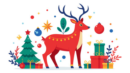festive red reindeer with antlers surrounded by christmas gifts and holiday decorations flat illustration © Mdfahad