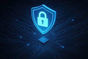 Digital shield with padlock icon glowing on dark circuit board background, data security concept.