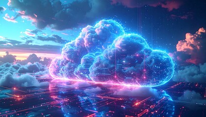 Digital cloud computing concept. Glowing, futuristic cloud with data lines reflects in a floor. The sky is full of colored clouds