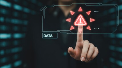 Digital Warning: A person interacts with an interface, highlighting a critical alert or warning about data security within a complex digital environment.