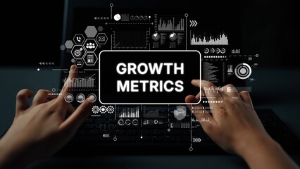 Hands Interacting with Digital Dashboard Displaying Growth Metrics and Data Visualizations for Business Analysis. Asymptotic smart data analytic.