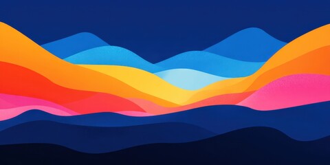 Abstract Pixelated Landscape With Layered Wavy Forms In Shades Of Blue Orange And Pink Against A Dark Blue Background