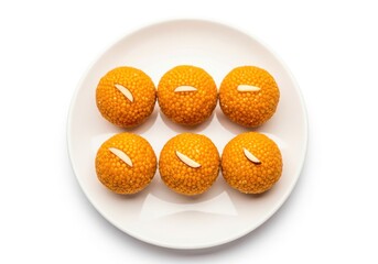 Six delicious motichoor ladoos isolated on white background, a popular indian sweet made from tiny fried balls of gram flour and sugar syrup
