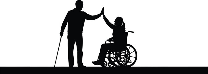 Silhouette of a visually impaired man with a cane giving a high-five to a disabled woman in a wheelchair, symbolizing support, friendship, and accessibility on a white background
