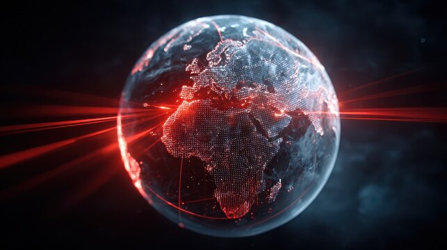 A futuristic depiction of Earth with luminous red laser beams highlighting regions, symbolizing connectivity and innovation.