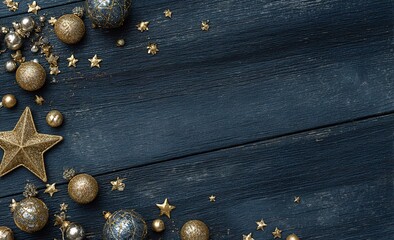 Dark wooden background with gold Christmas ornaments and stars, elegant holiday decoration flat lay