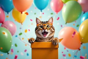 Cute Cat Birthday kitten with glasses smiling over orange box