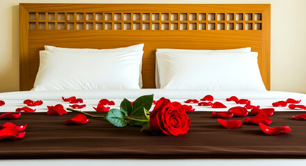 Romantic Bedroom Scene With Red Rose, Petals, And White Bedding On Wooden Headboard