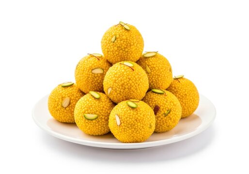 A stack of nine motichoor ladoos isolated on white background, a traditional indian sweet made from gram flour, sugar, and nuts, served on a plate