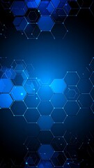 Digital image of glowing blue geometric shapes, hexagonal forms interconnected, with a dark background