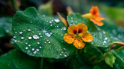 Vibrant orange and yellow flower with sparkling dew drops, captured in a macro close-up of a beautiful garden plant