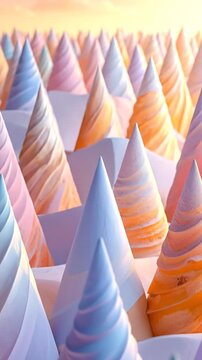 A close-up view of abstract, spiraled conical structures in pastel hues, creating a dreamy, textured composition