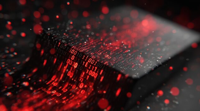 Abstract visualization of data streaming with vibrant red hues and binary sequences, symbolizing digital transformation.
