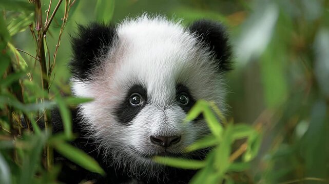 Baby panda peeking through bamboo leaves