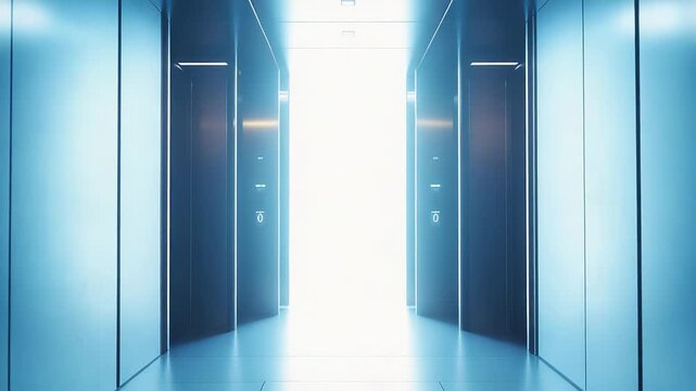 Futuristic empty elevator hallway with glowing blue light