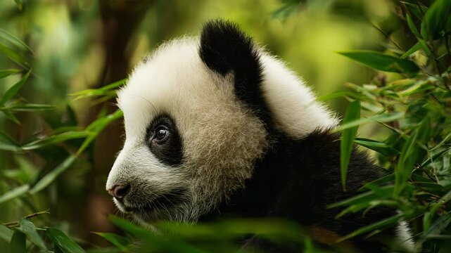 Baby panda peeking through bamboo leaves