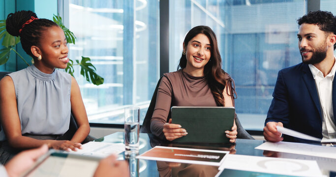 Graphs, paper or people in meeting with tablet, analysis or review of financial performance. Smile, infographic or analyst in boardroom with tech, market comparison or feedback on revenue growth. - Powered by Adobe