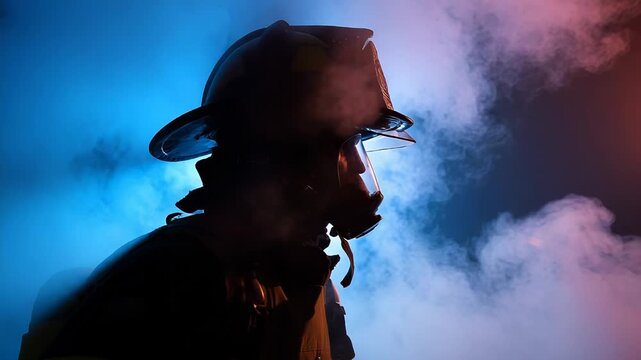 Firefighter exhaling smoke during training exercise
