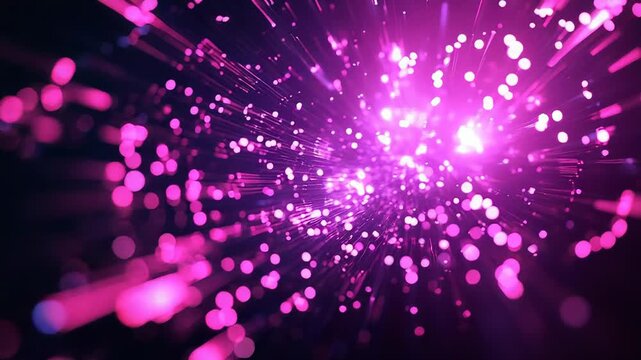 Abstract glowing pink purple particles exploding across space