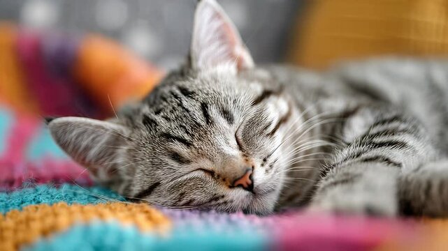 Gray tabby cat sleeping on colorful blanket