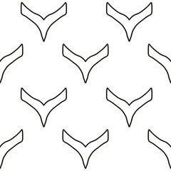 A seamless, black and white geometric pattern featuring repeated, outlined V shapes or chevrons arranged in offset rows. simple, minimal, and modern. abstract scales or wings. Fish, bird, logo