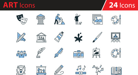 Arts, creativity, and education icons vector set, theater masks, sculpture, painting, literature, music, photography, museum, performance, design tools, brainstorming, learning, cultural expression