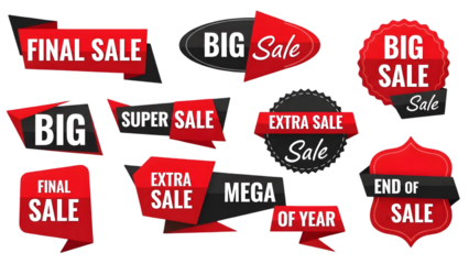 Collection of vibrant red sale badges and labels with text isolated on transparent background