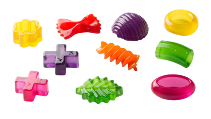 Colorful abstract jelly bean shapes and forms isolated on transparent background