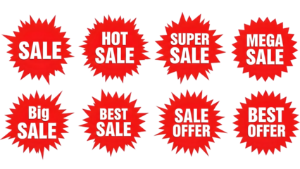 Collection of vibrant red sale badges and labels with text isolated on transparent background