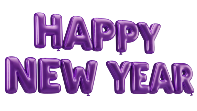 Shiny purple happy new year balloon letters isolated on transparent background - Powered by Adobe