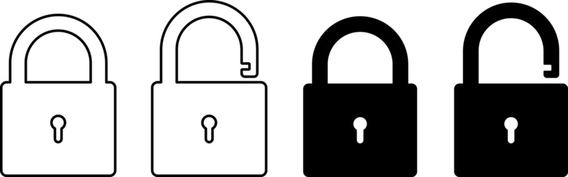 Open and closed padlocks in silhouette and outline styles