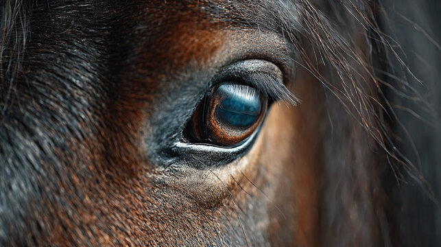 A close up shot of the eye of a brown horse with dark brown fur.