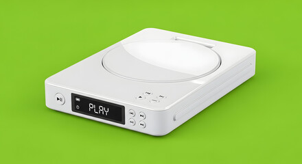 Fototapeta premium A white, modern portable CD player with a digital display showing 