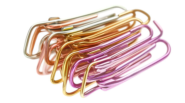Stack of Colorful Paperclips on White Background - Office Supplies and Stationery Close-Up