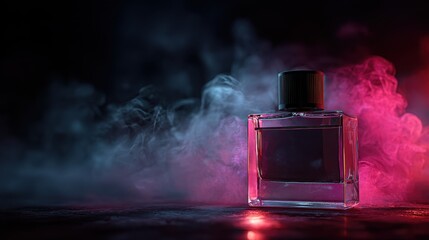 Elegant Perfume Bottle with Black Cap and Label Surrounded by Colorful Smoke against Dark Background