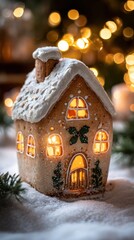 Gingerbread House Illuminated Against a Bokeh Background with Snow and Festive Greenery