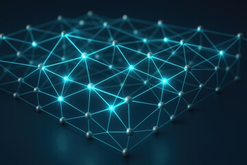 Connected network grid with glowing nodes and lines, data flow concept network nodes lines.