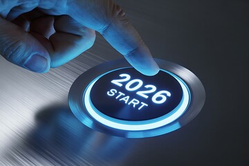 A glowing digital button highlights the 2026 start, a hand activates the modern interface, symbolizing a new beginning.