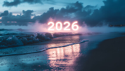 A tranquil twilight beach scene where the glowing neon numbers '2026' emerge from the misty waves, symbolizing a fresh start and the dawn of a new era on the horizon