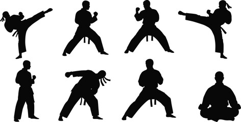 Silhouette illustrations depicting various martial arts poses and meditative stances