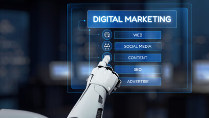 A robotic hand interacts with a sleek digital interface showcasing various aspects of digital marketing such as web, social media, content creation, SEO, and advertising. Synapse