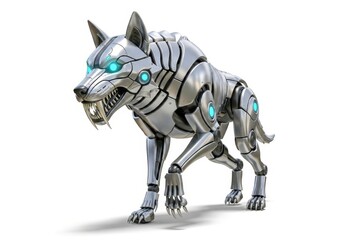 A menacing robotic wolf with glowing blue eyes, poised and ready to strike isolated on white background, a symbol of power and agility