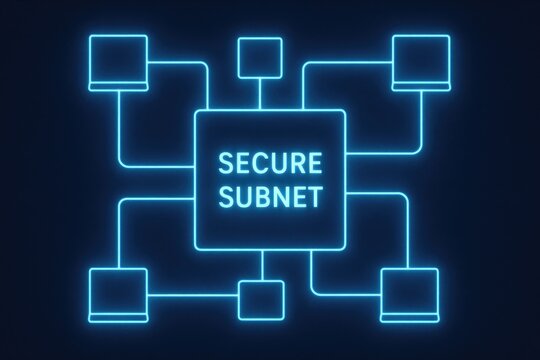Secure subnet network diagram with connected nodes and glowing neon blue lines representing data.