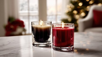 Lit Candles on a Marble Surface with Blurred Festive Background and Soft Lighting