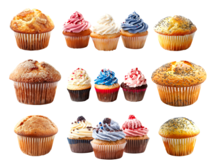 Walnut chocolate muffin and cupcake topped with rich creamy frosting isolated on white transparent background